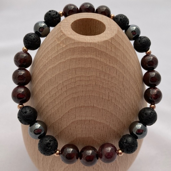 Hand Crafted Jewelry - GARNET and Lava Stretch Beaded Bracelet 7.5”